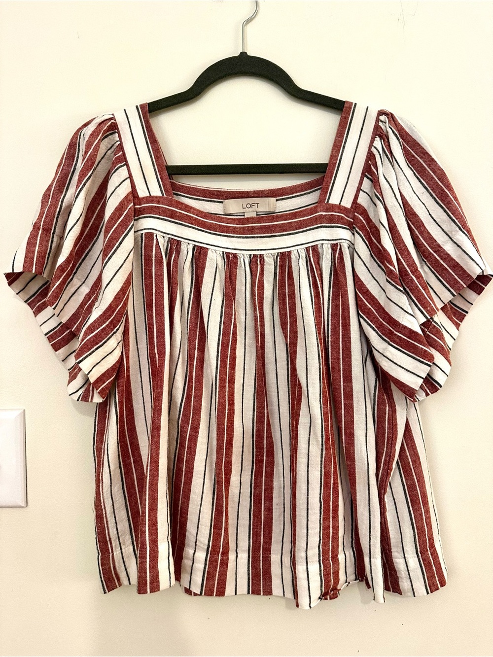 LOFT Red and White Striped Square-Neck Peasant Top